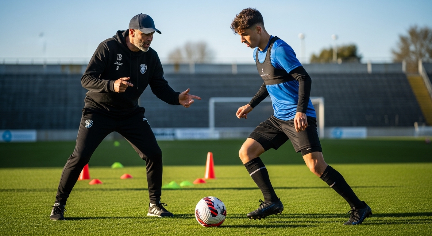 Birebir futbol teknik çalışması yapan koç ve sporcu