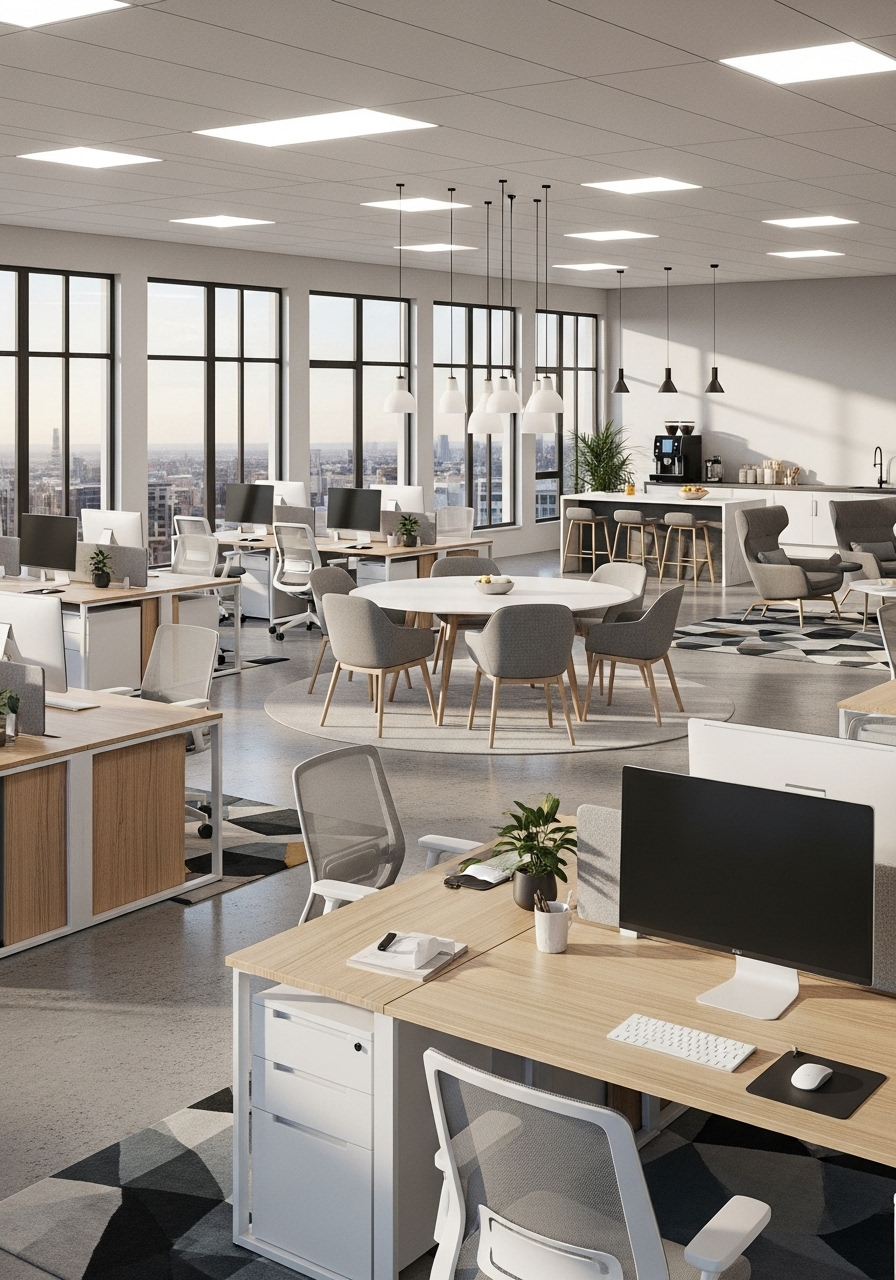 Med & Voyage corporate team reviewing blueprints and export documents in modern office