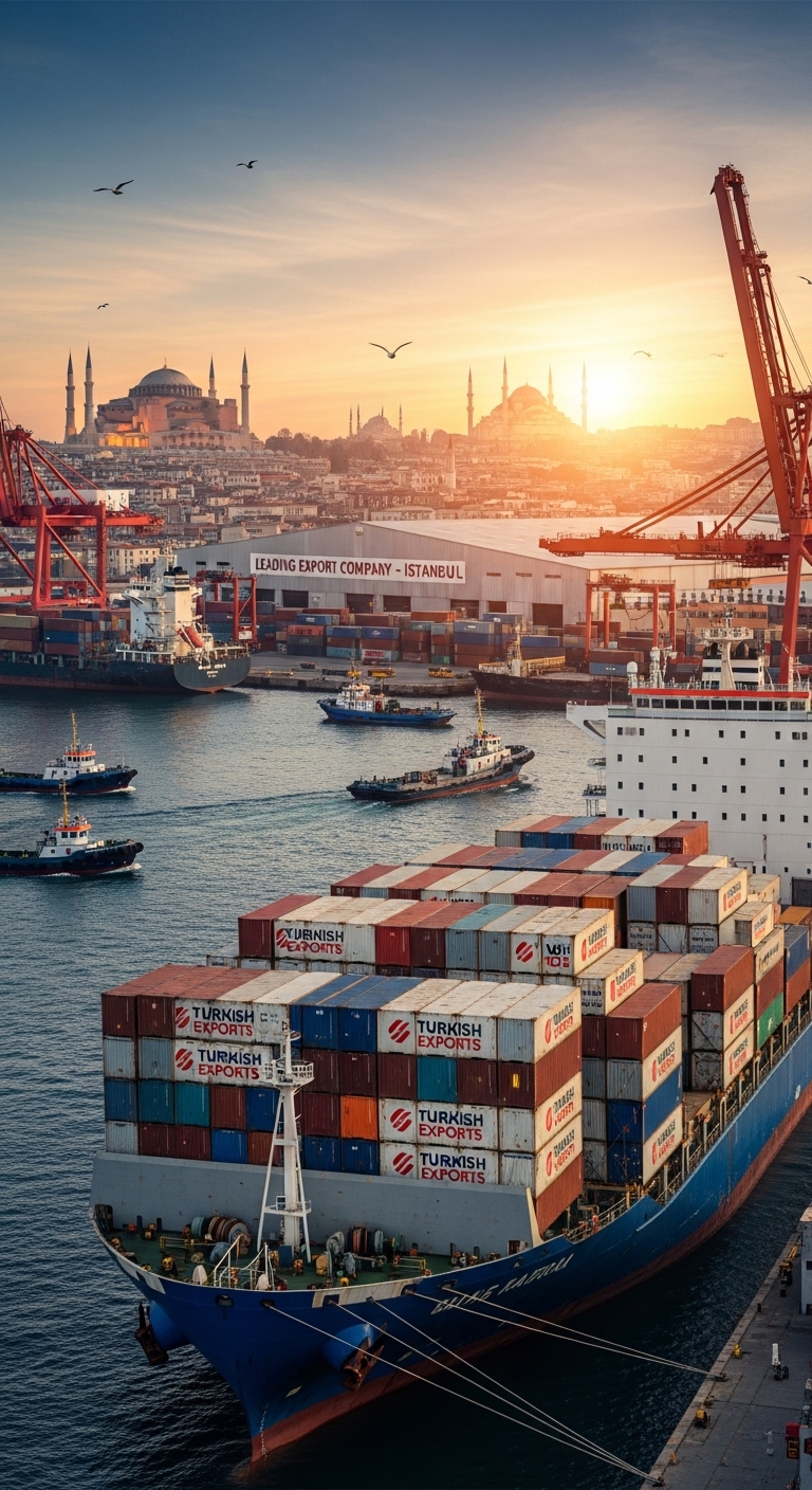 Med & Voyage Export - Shipping containers with Turkish products at Istanbul Port under sunset