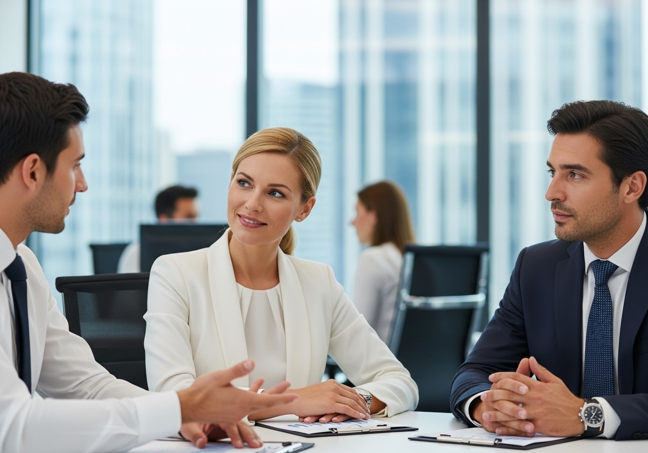 Med & Voyage International Team - Health tourism specialists discussing with export managers and real estate agents in modern office