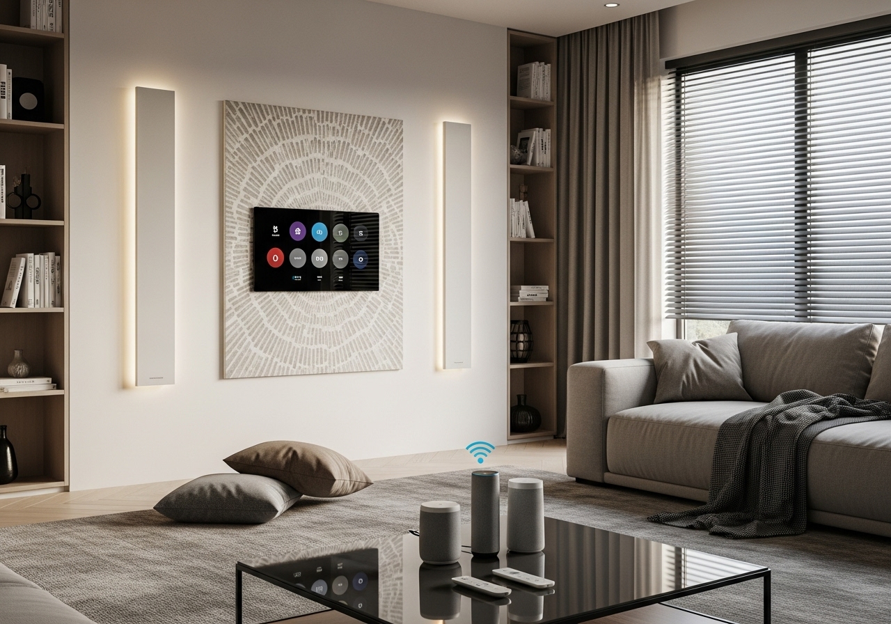Modern bir oturma odasında gizlenmiş akıllı ev teknolojileri
